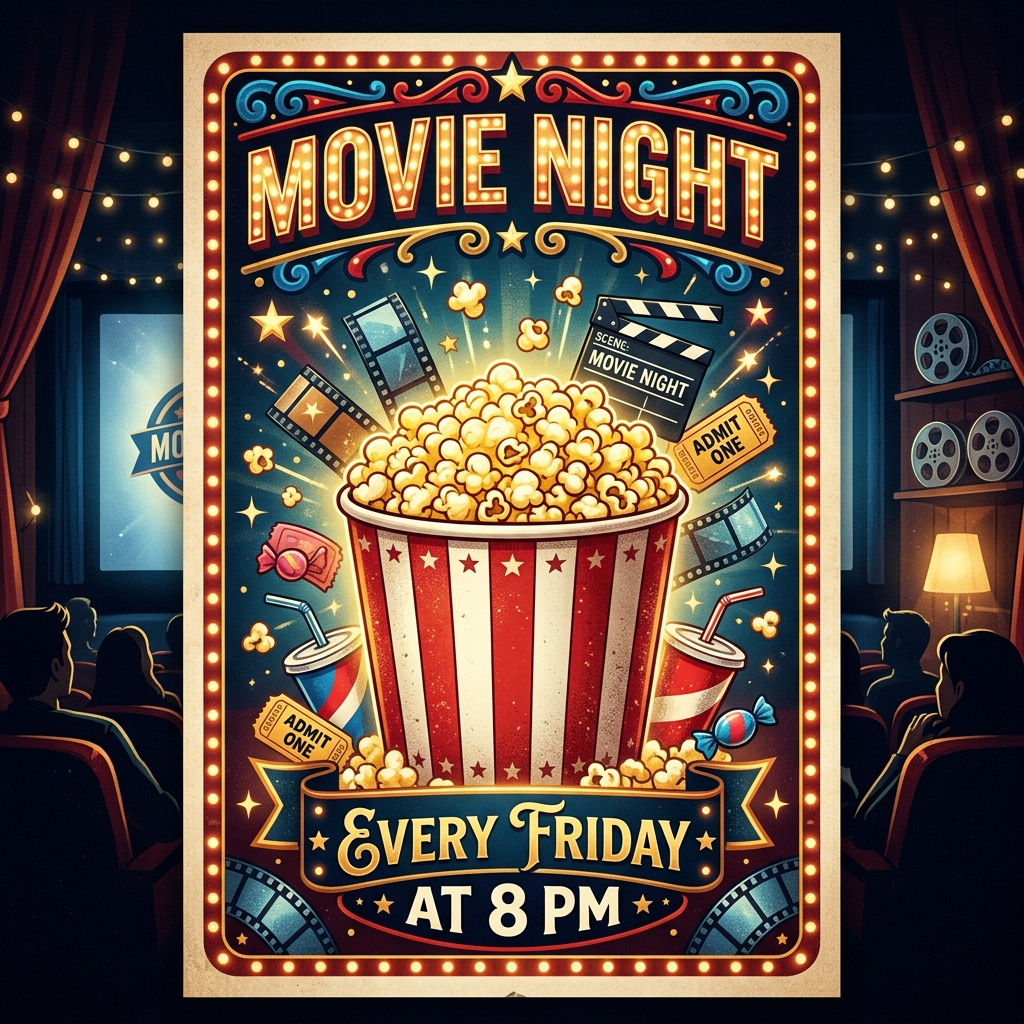 A movie night poster with a large popcorn image in the cente
