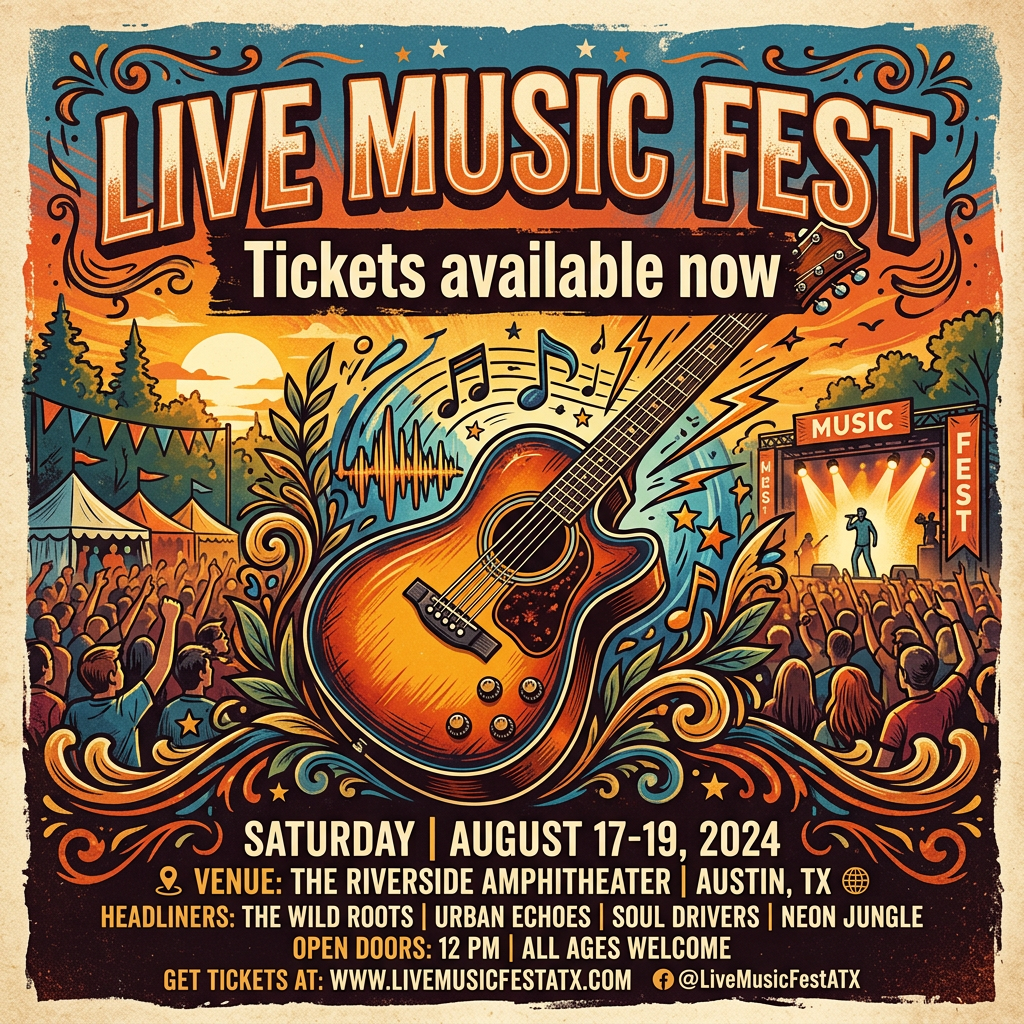 An event poster featuring a guitar illustration, the headlin