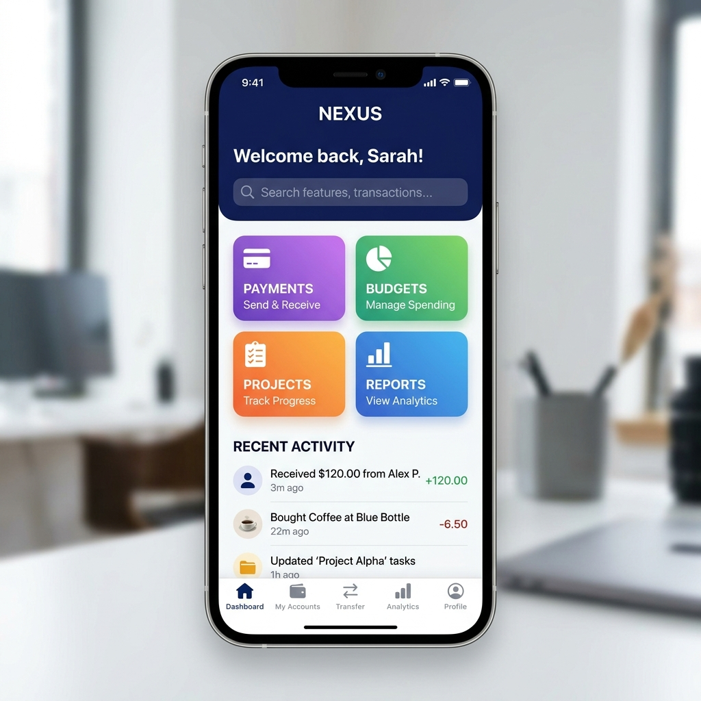 A mobile app UI mockup showing a dashboard with a top naviga