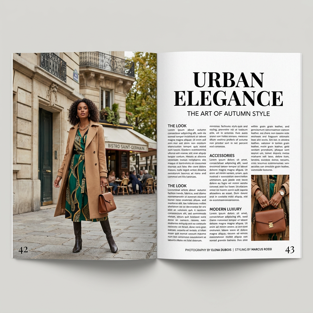 A fashion magazine spread with a full-bleed left-page photo,