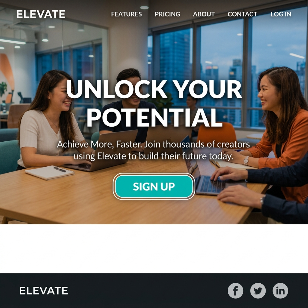 A landing page design with a hero header image at the top, a