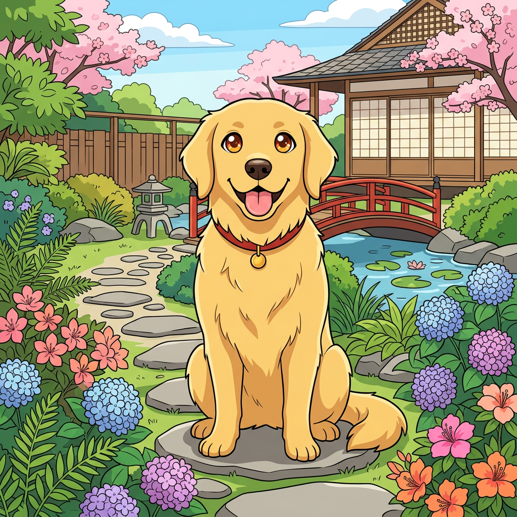 A golden retriever sitting in a garden, rendered in Japanese