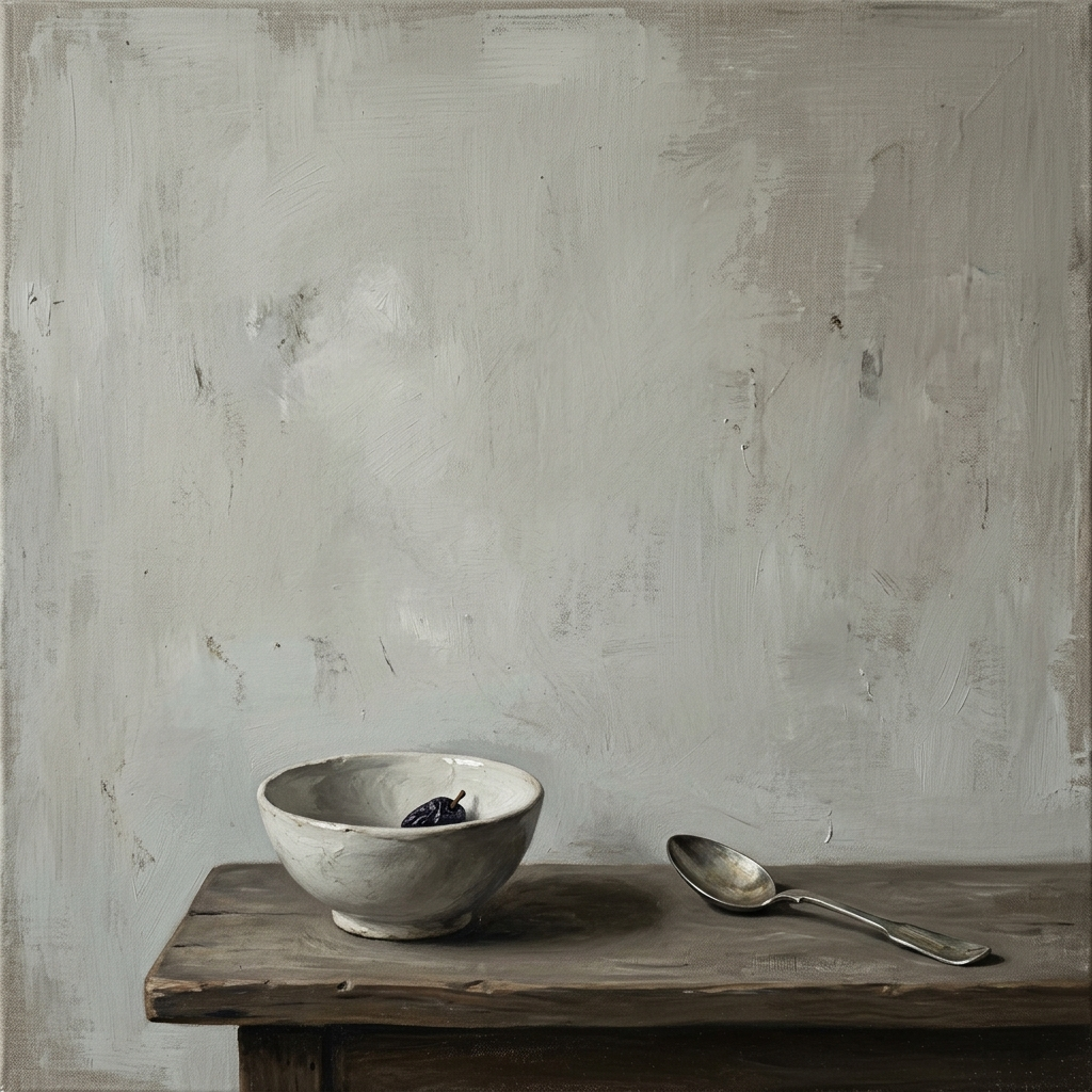 A still life painted in anxious minimalism — sparse composit