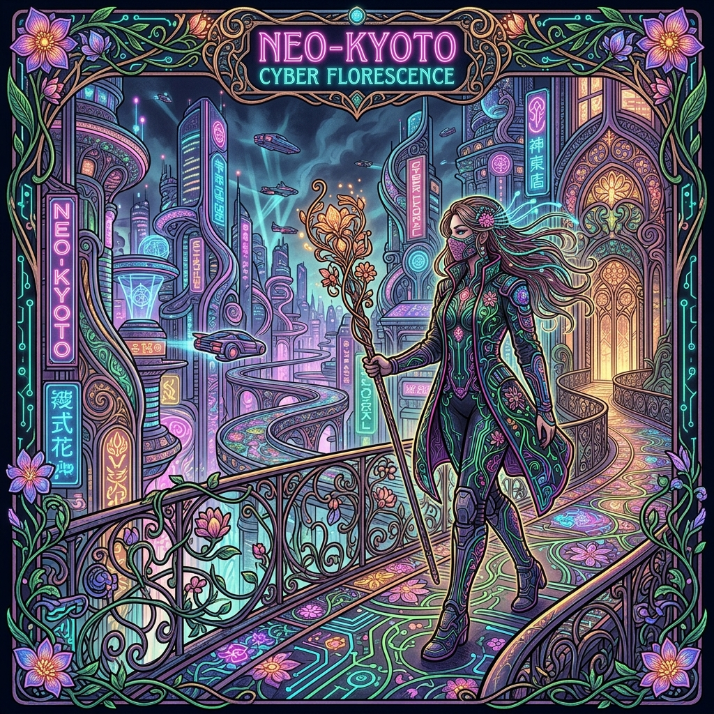 A woman in a futuristic city rendered in cyberpunk Art Nouve