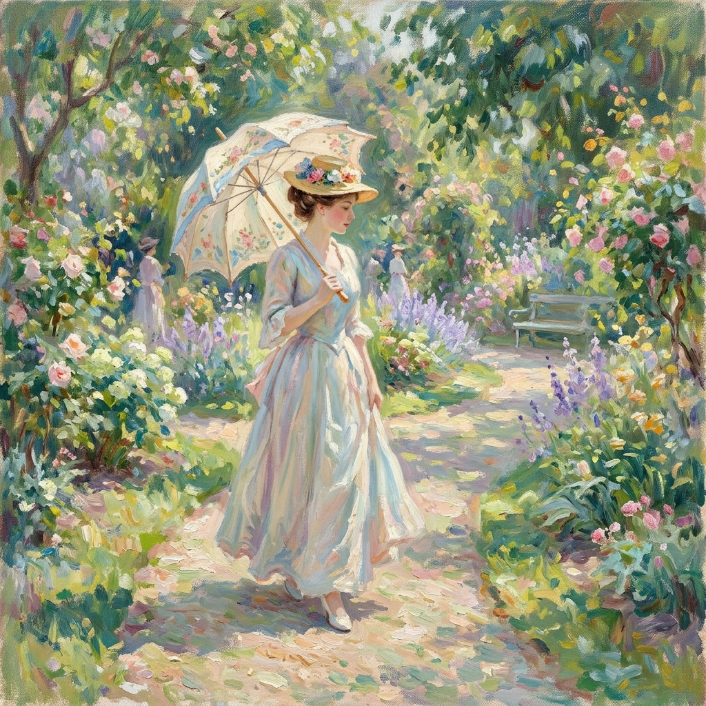 A woman with a parasol in the style of Impressionism — soft 