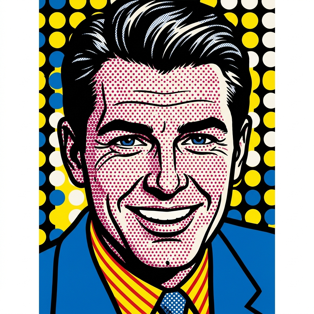 A portrait of a man in Pop Art style — bold outlines, Ben-Da