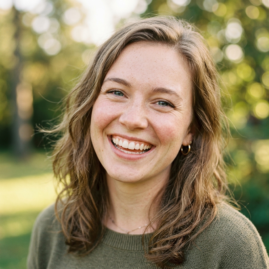 A close-up portrait of a young woman with a warm natural smi