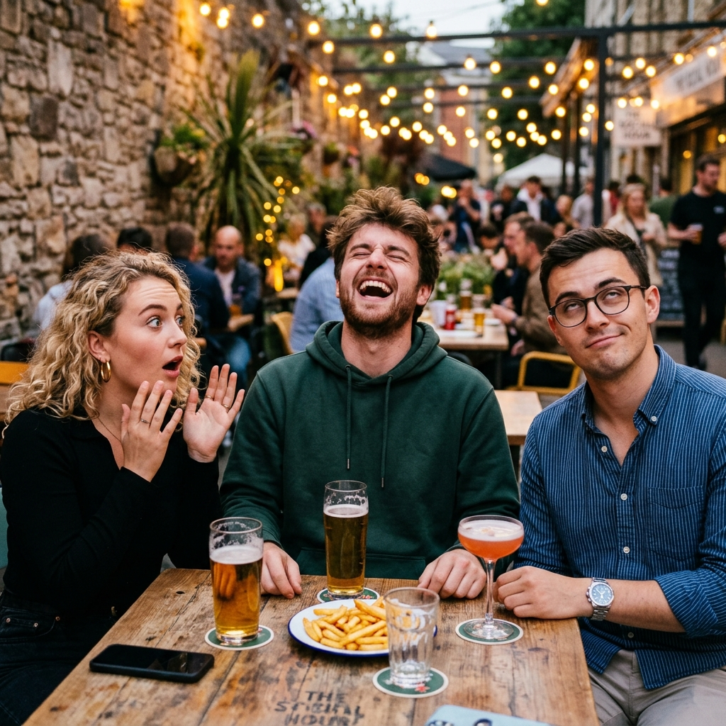A group of three friends at a table: one laughing with head 