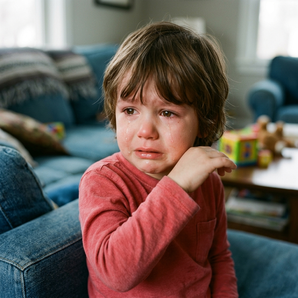 A 5-year-old child with round cheeks and large eyes, crying 