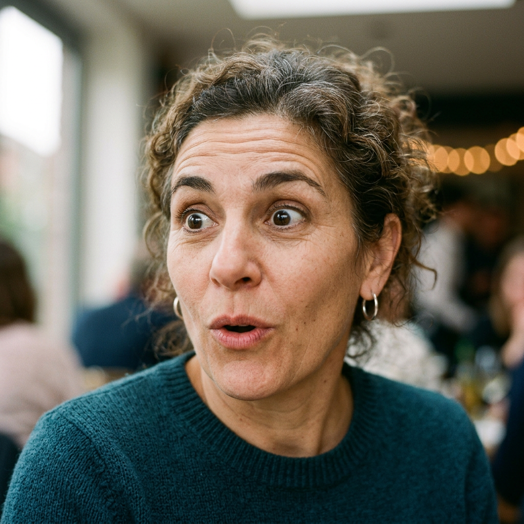 A portrait capturing genuine surprise — raised eyebrows, wid