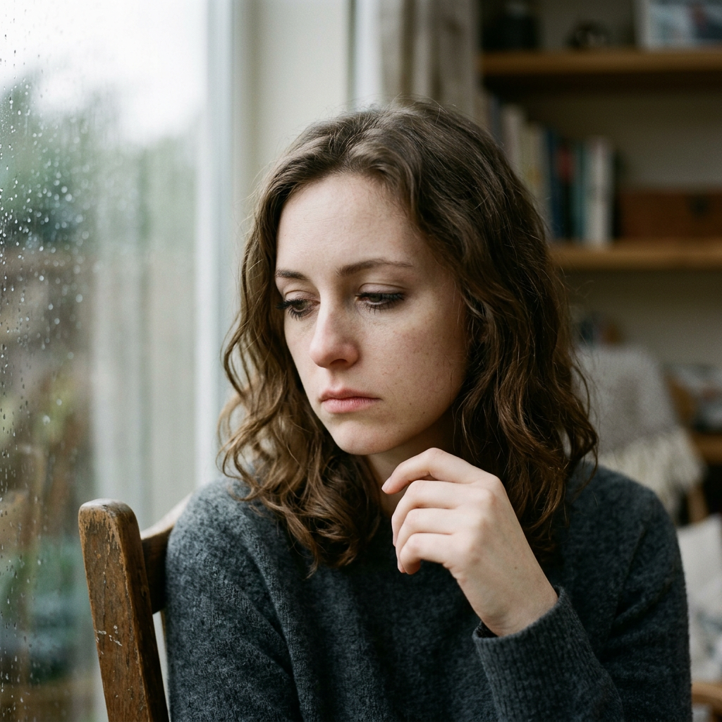 A face showing quiet melancholy — downcast eyes, slightly dr