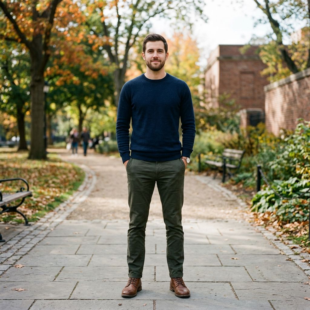 A man standing straight facing the camera, hands in pockets,