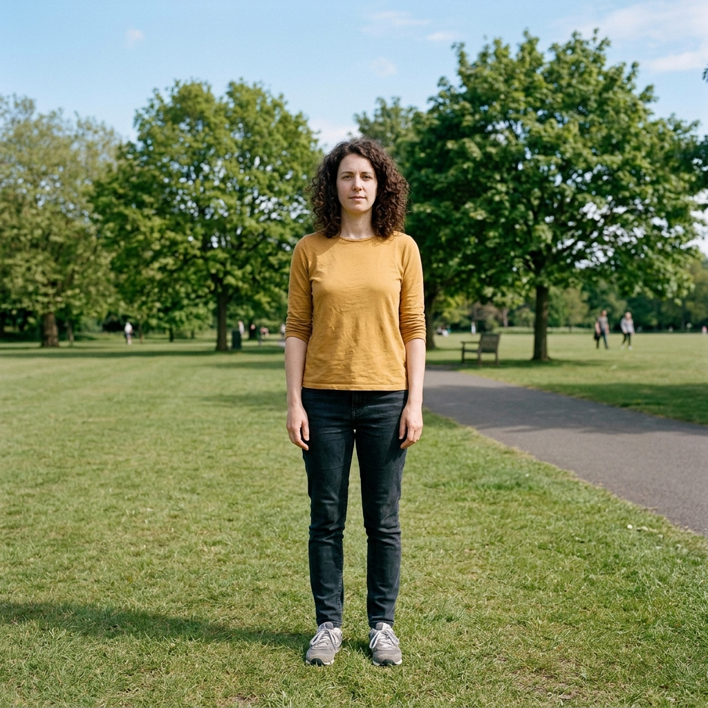 A person standing in a neutral pose in a park, full body vis