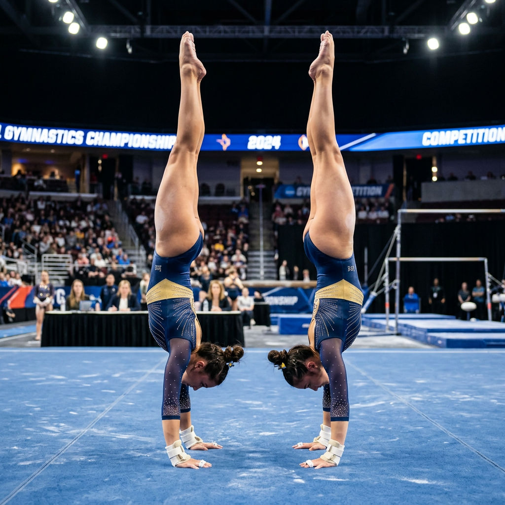 Two gymnasts performing a synchronized handstand, side by si
