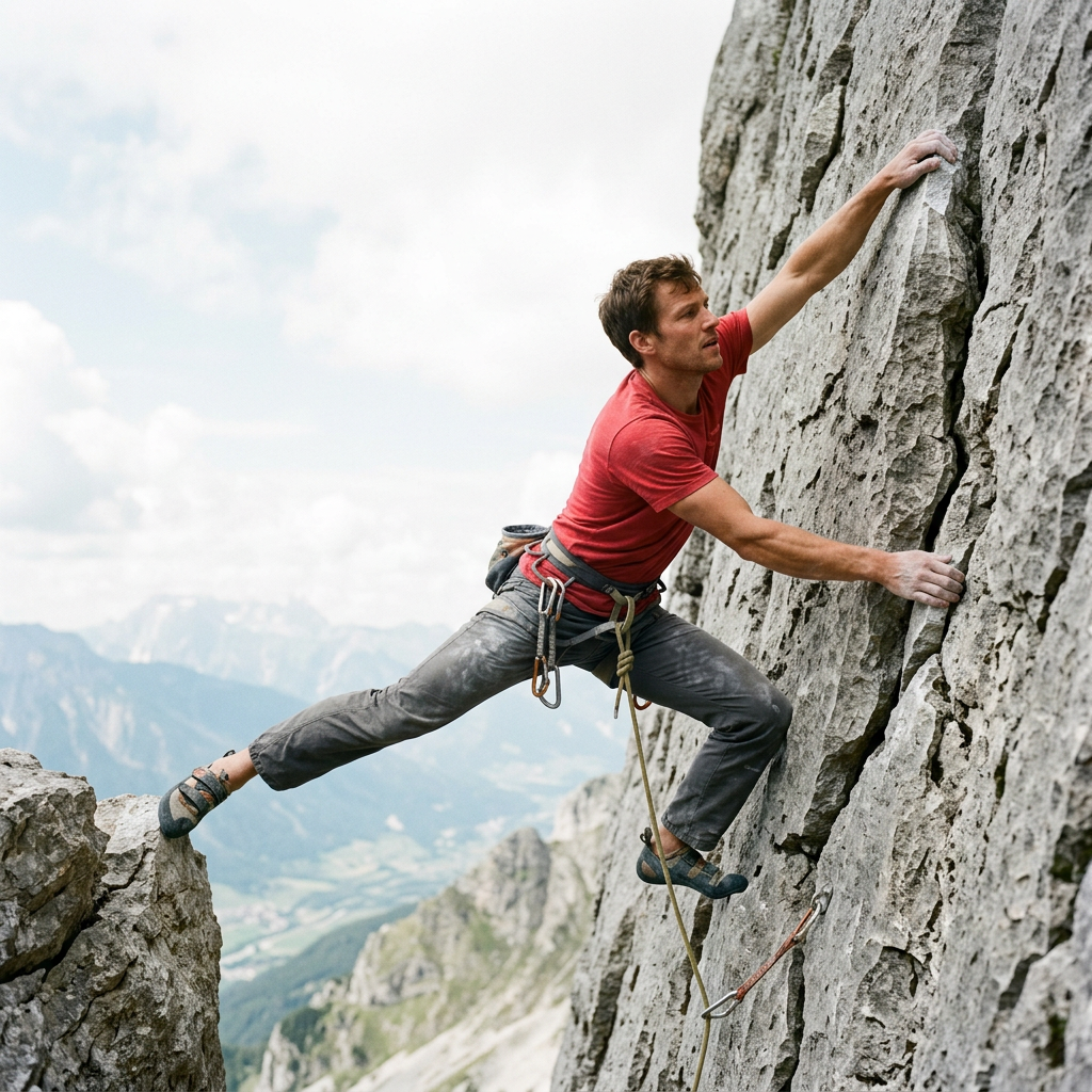 A rock climber clinging to a cliff face with arms and legs e