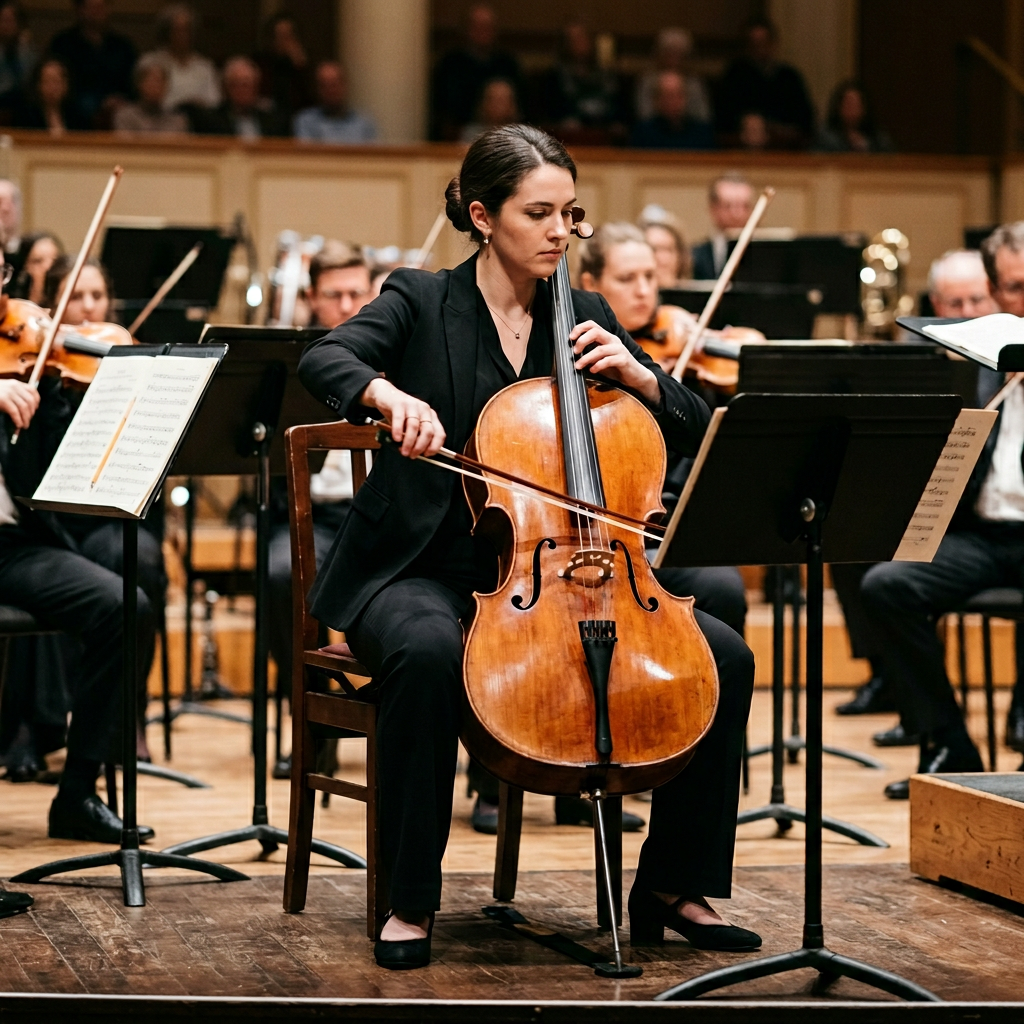 A cellist seated with correct posture, legs around the instr