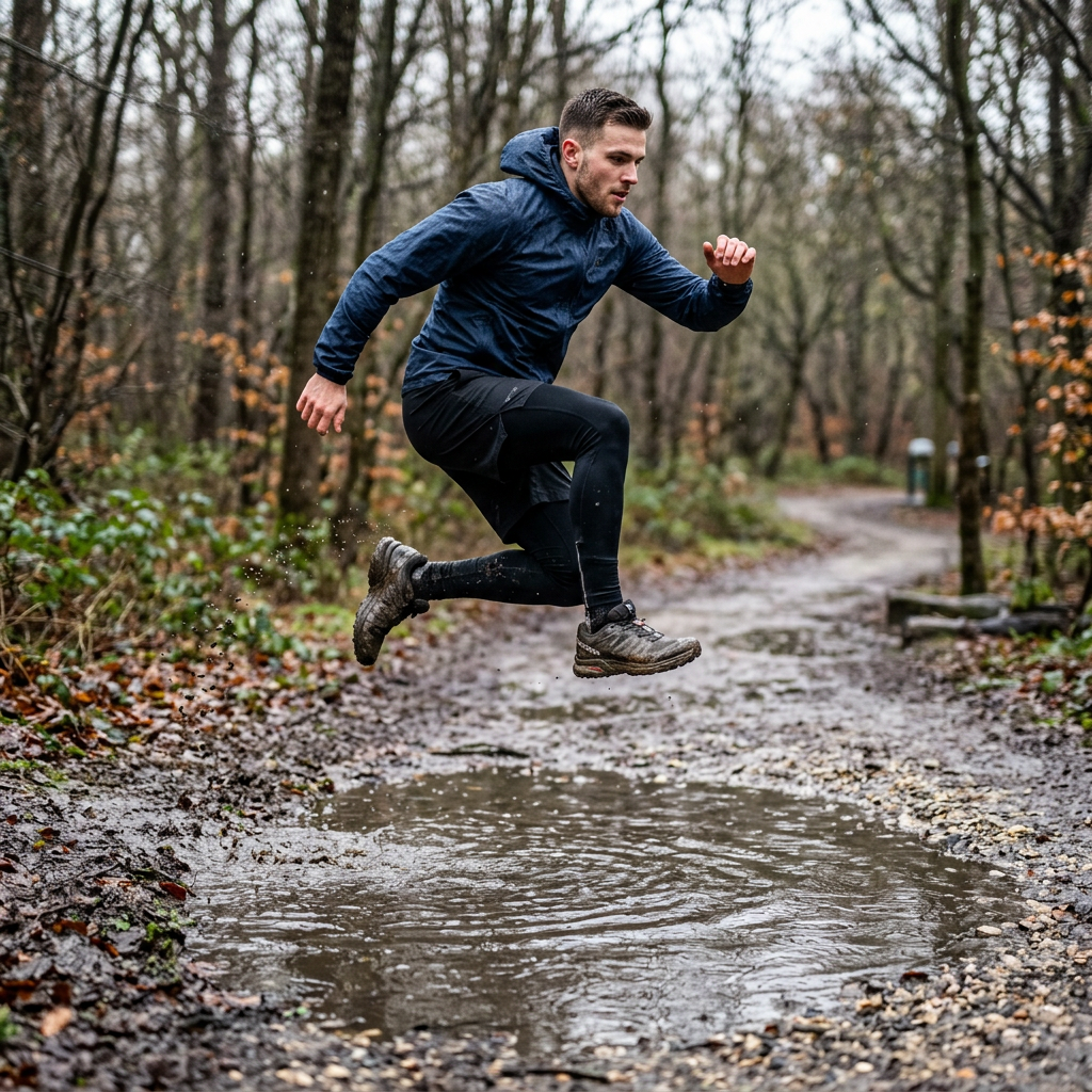 A man captured mid-jump over a puddle, body in the air with 