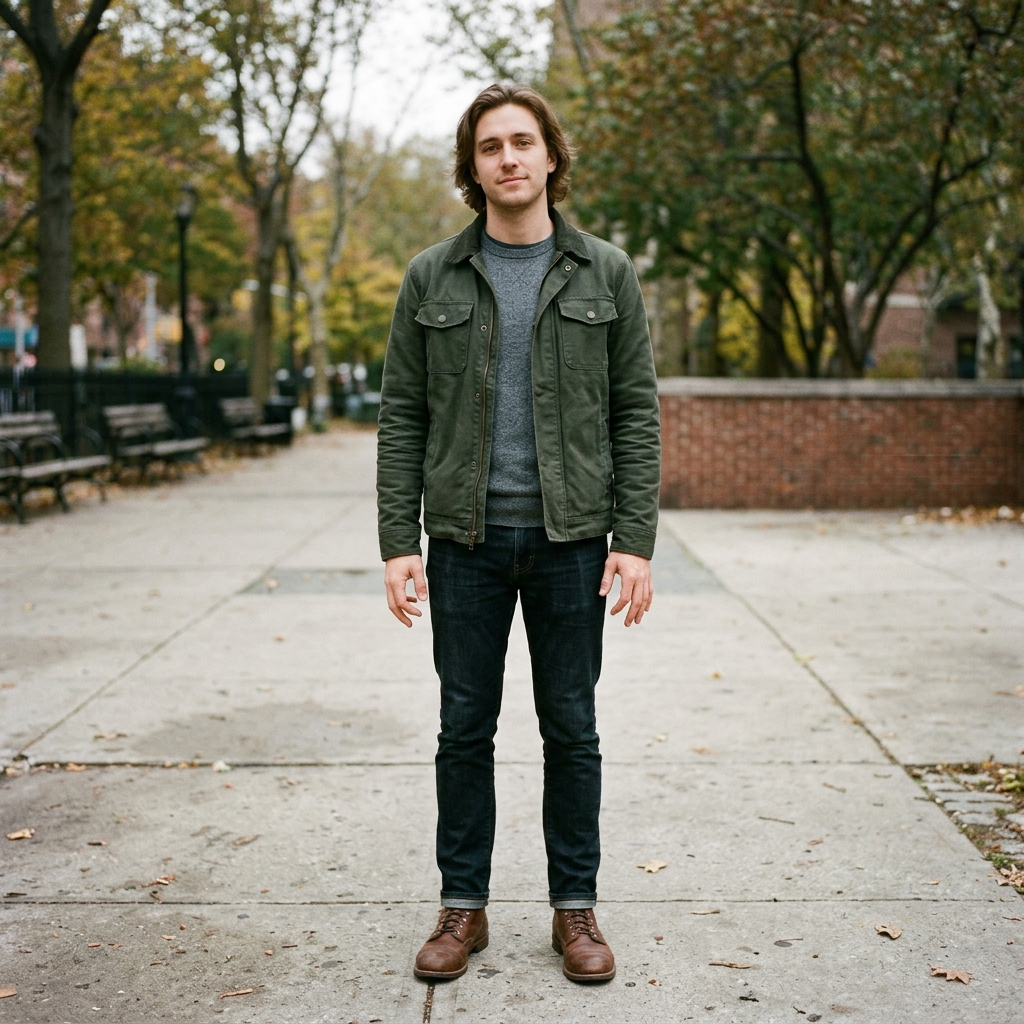 A person standing with both hands visible at their sides, fi