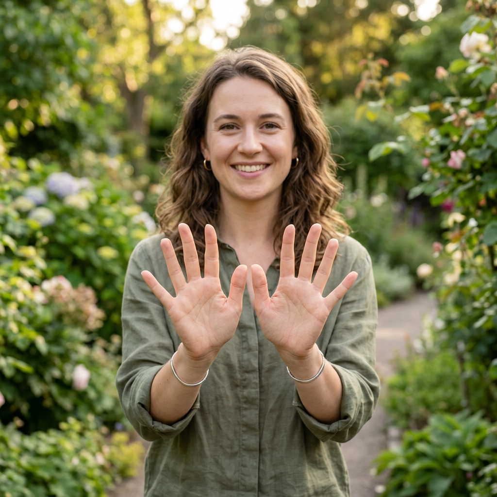 A woman holding her hands out in front of her palms-up, all 