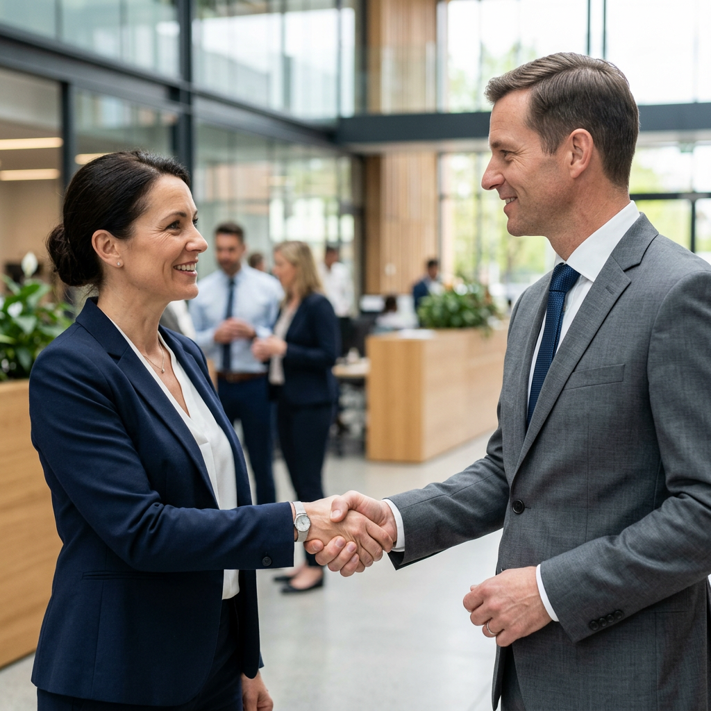 Two people shaking hands in a professional setting, all fing