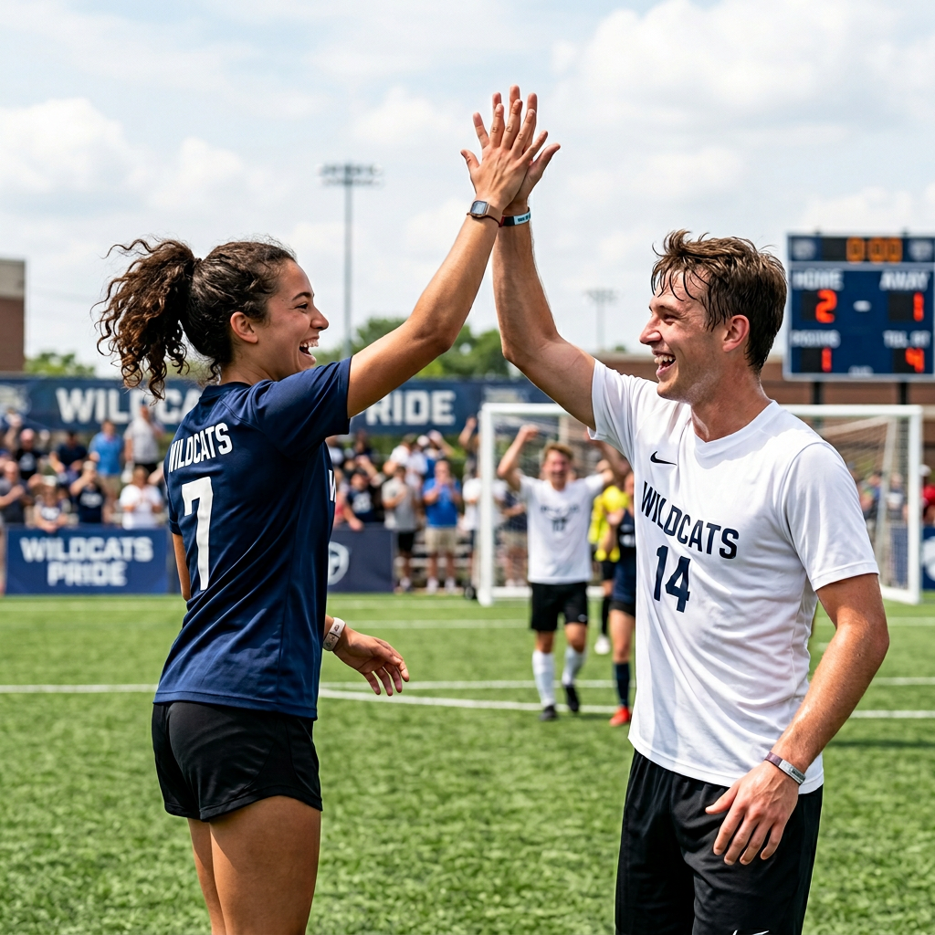 Two people doing a high-five, palms meeting with all fingers