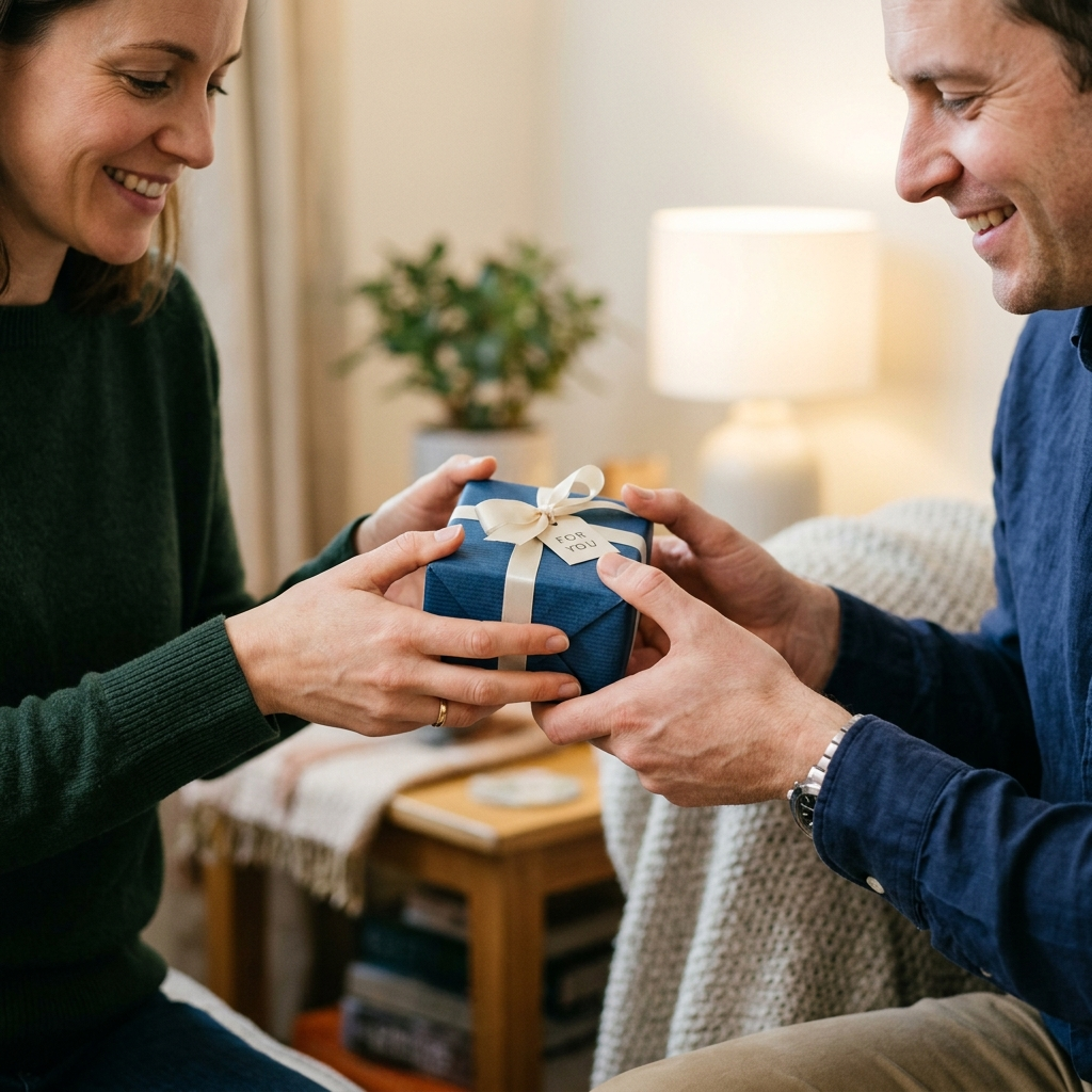 One person handing a small gift box to another person, both 