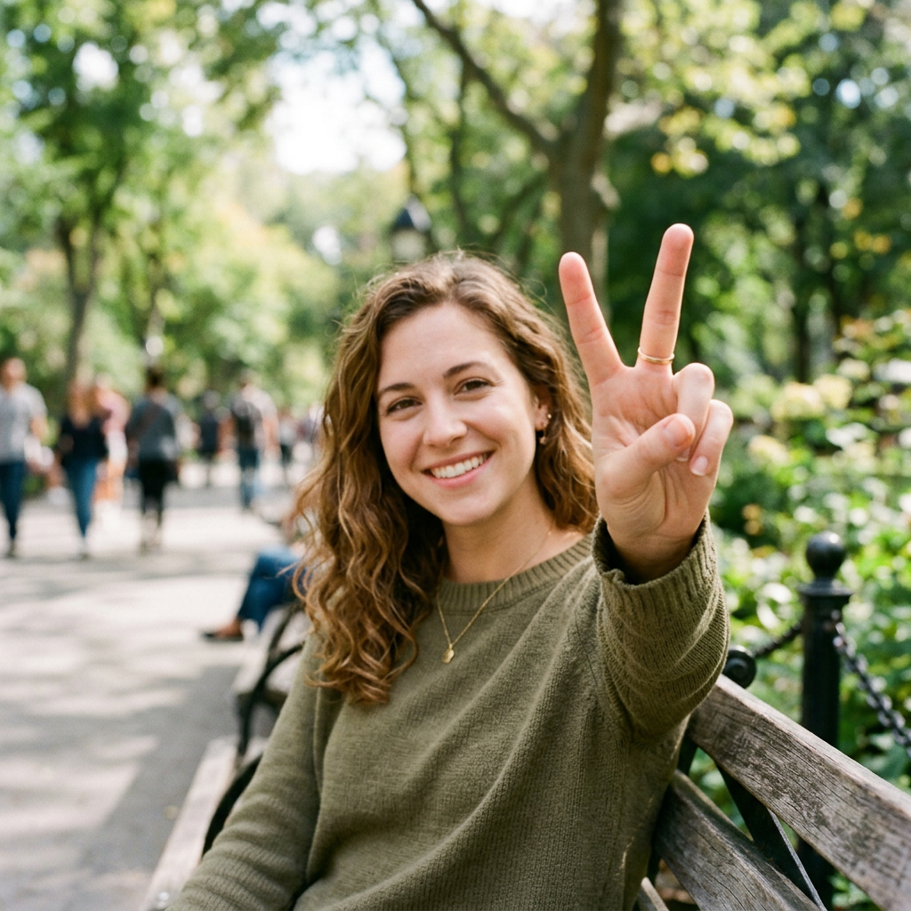 A person making a peace sign with their right hand, clearly 
