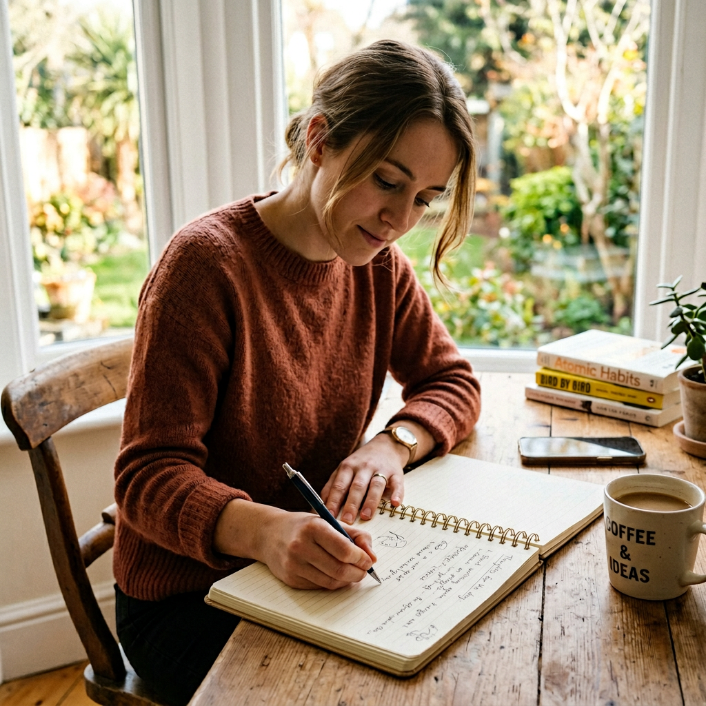 A woman writing in a notebook with a pen gripped correctly i