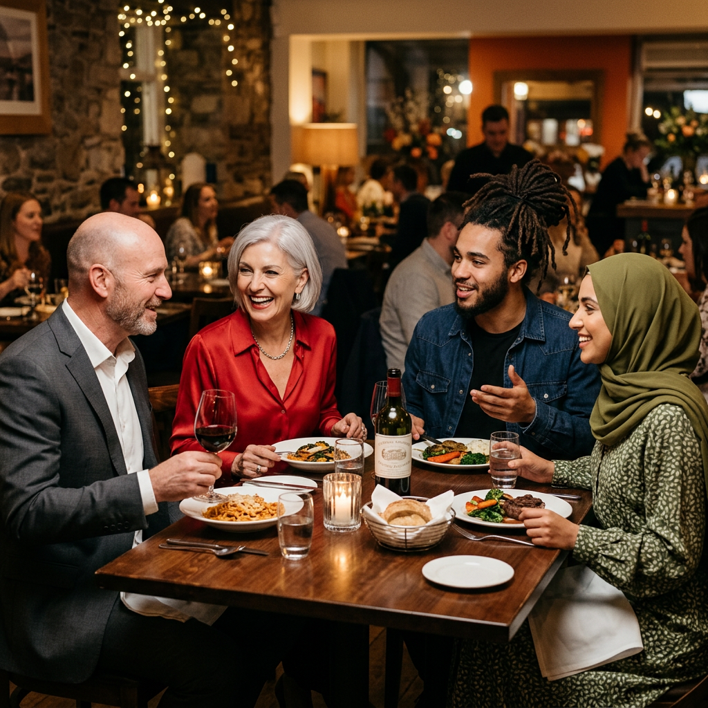 Four people at a dinner table: a bald man in a suit, a woman