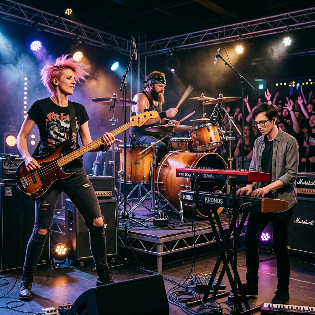 Three musicians on stage: a tall woman with short pink hair 
