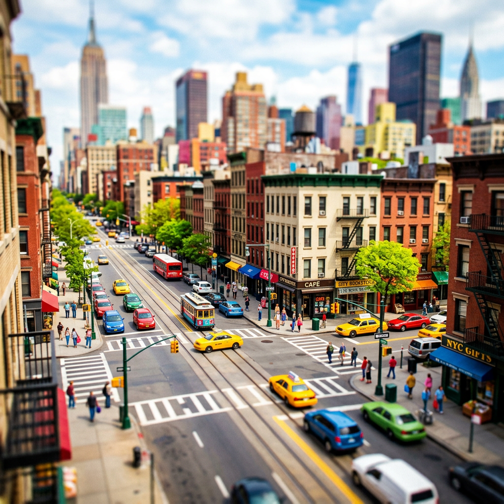 A tilt-shift photograph of a city street making real-life lo