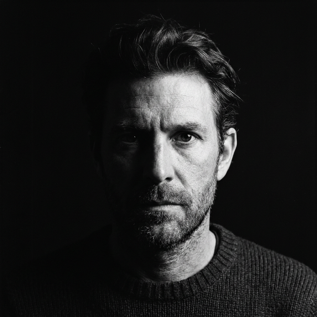 A portrait with dramatic split lighting — half the face brig