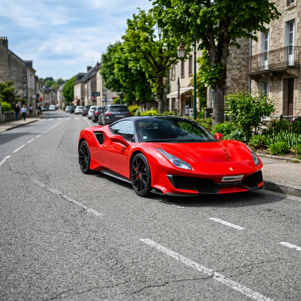 A bright red sports car parked on a gray asphalt road — the 