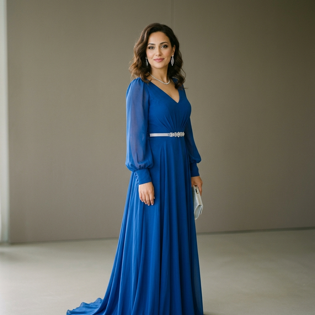 A woman wearing a royal blue evening dress against a neutral