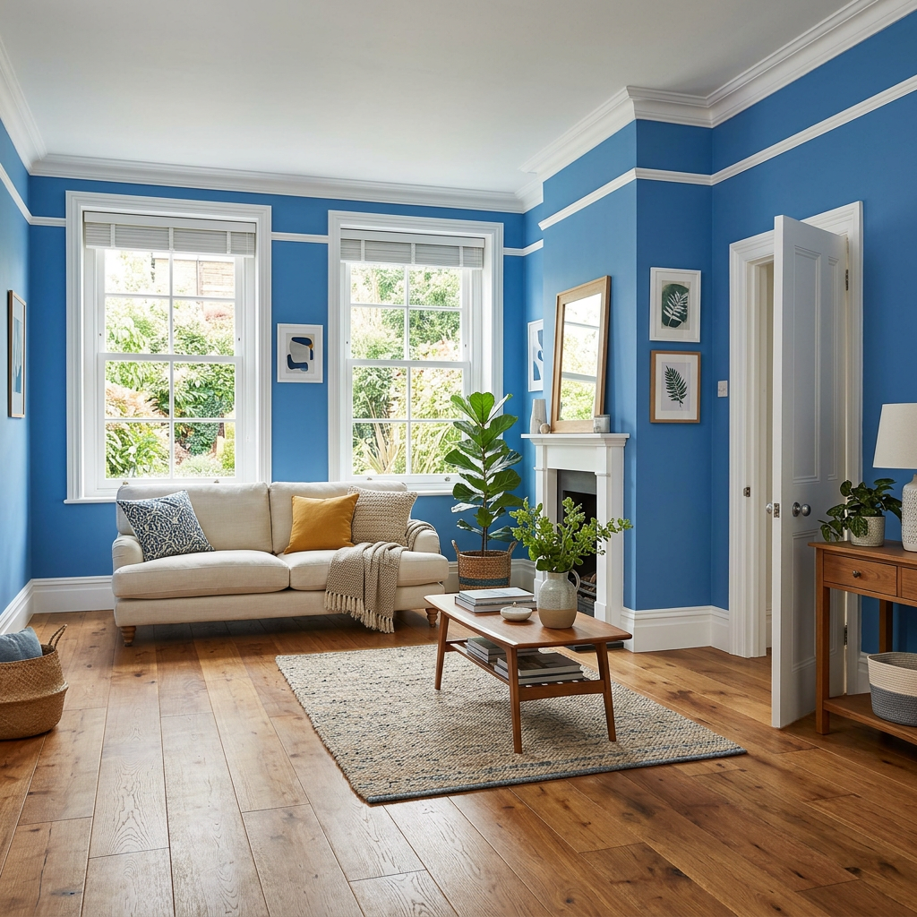 A room with walls in #4A90D9 (medium blue) with warm wooden 