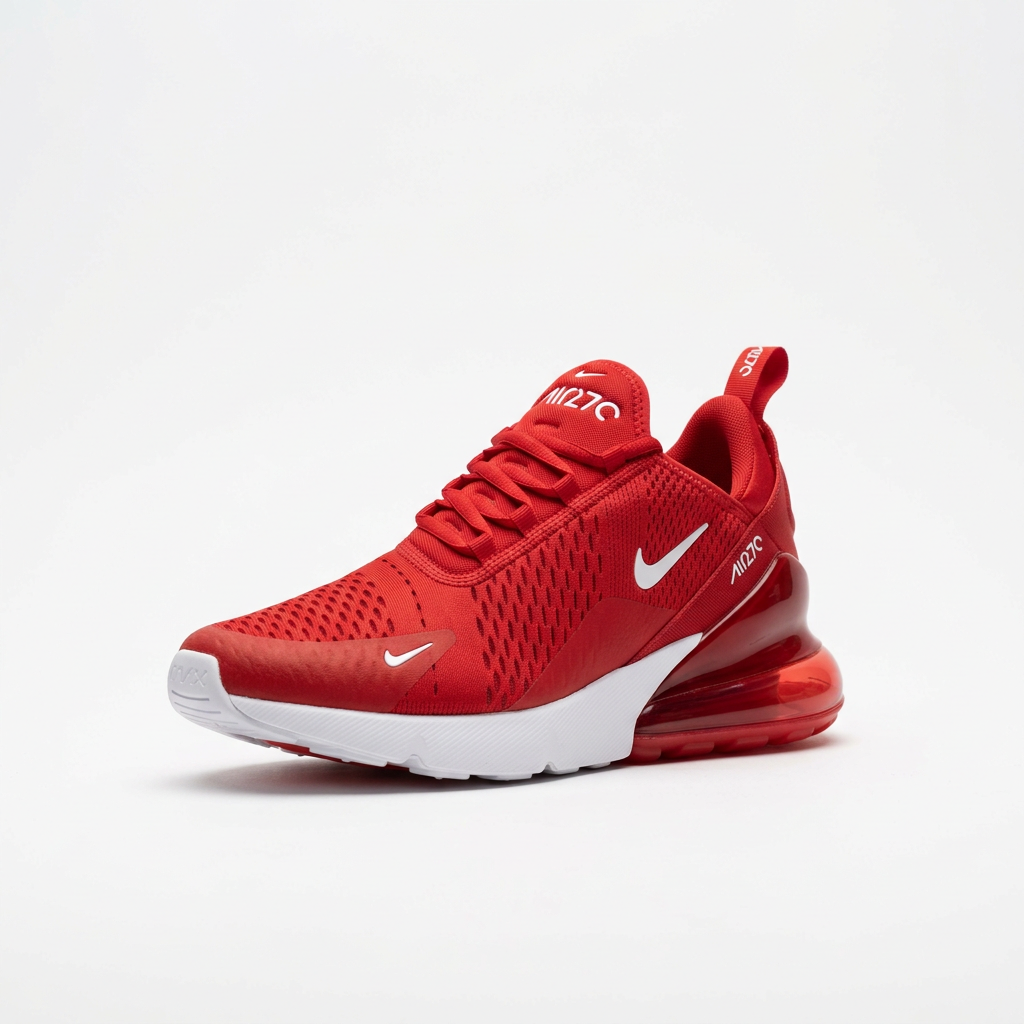 A single red sneaker on a clean white background with soft s