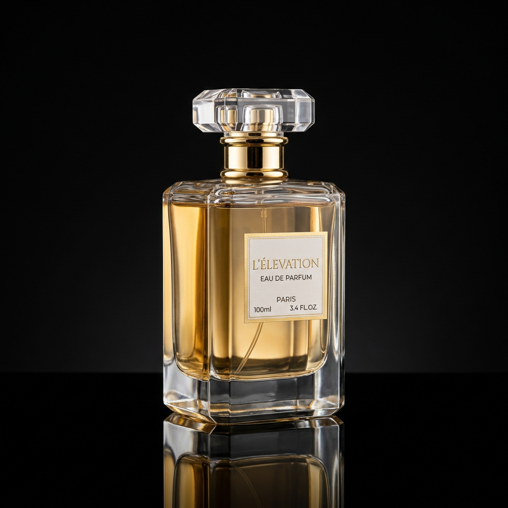 A clear glass perfume bottle on a reflective black surface w