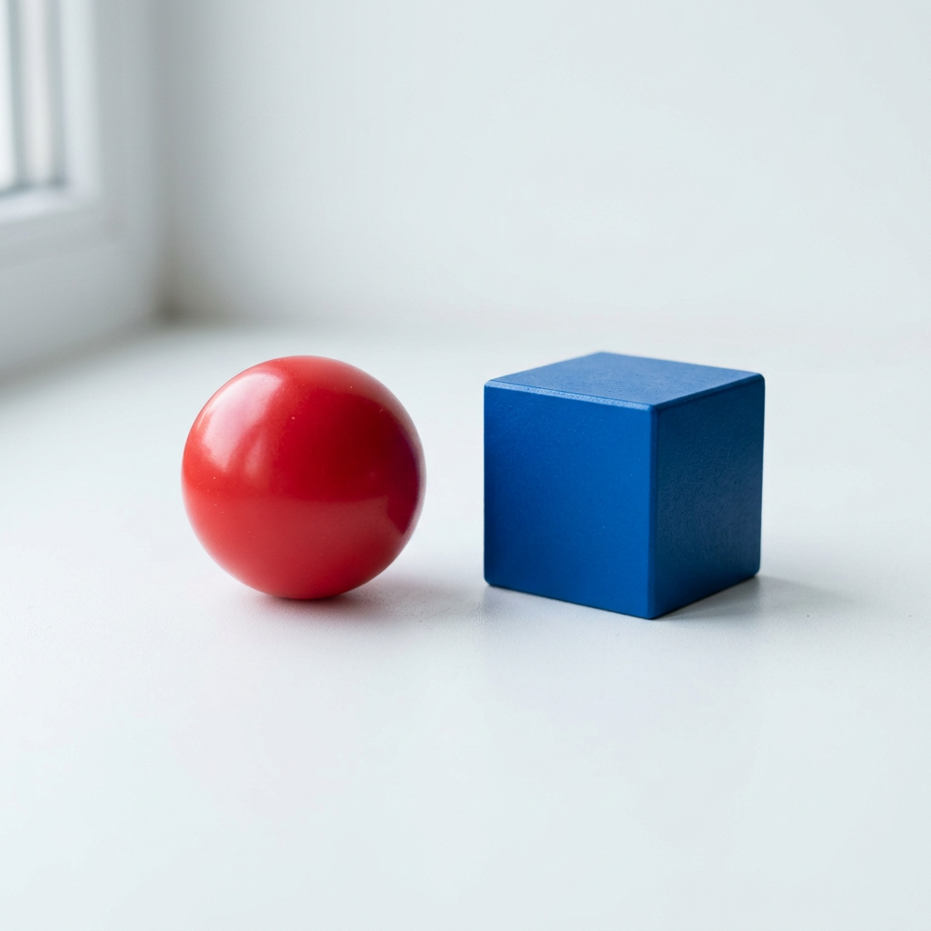 A red ball and a blue cube sitting side by side on a white s