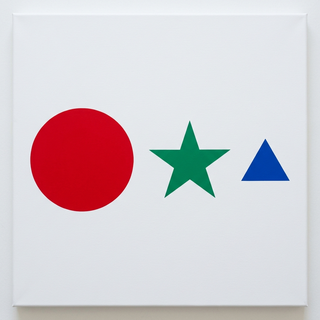 A large red circle, a small blue triangle, and a medium gree