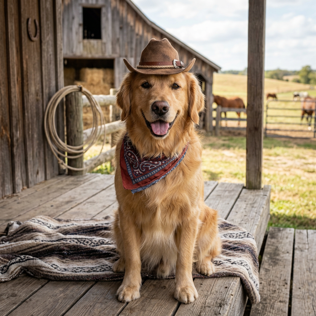 A golden retriever wearing a tiny cowboy hat