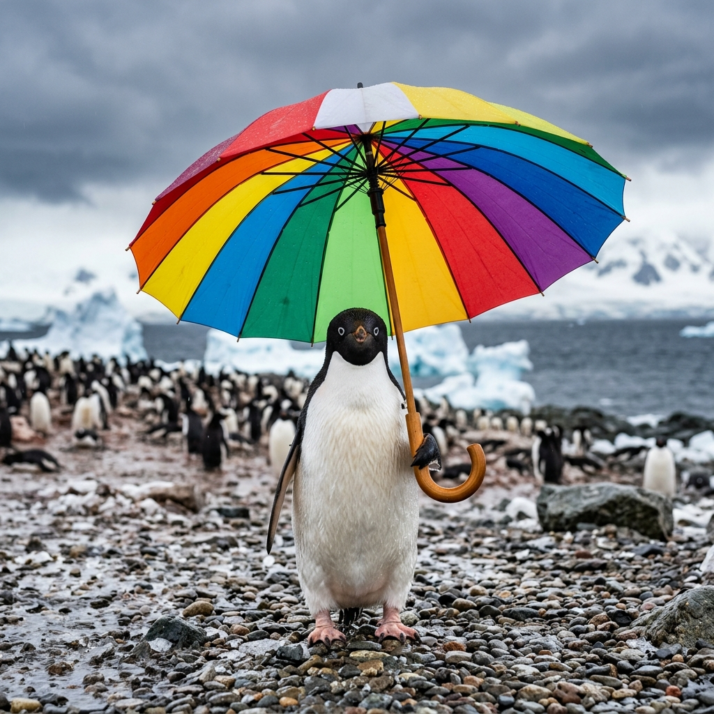 A penguin holding a colorful umbrella