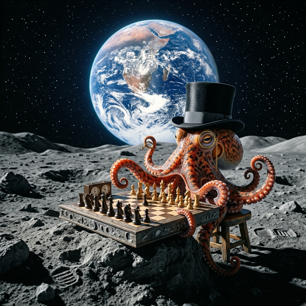 An octopus wearing a top hat and monocle playing chess on th