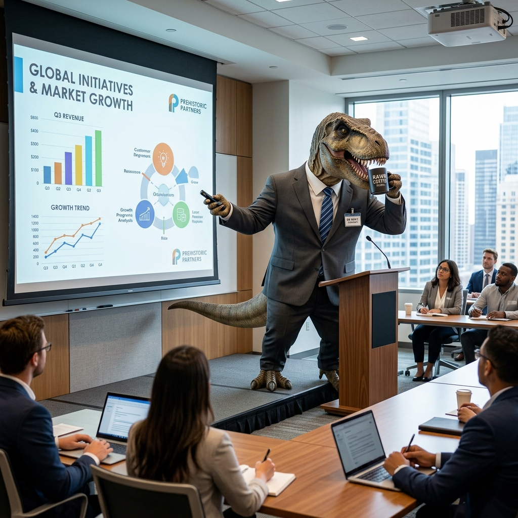 A dinosaur in a business suit giving a PowerPoint presentati