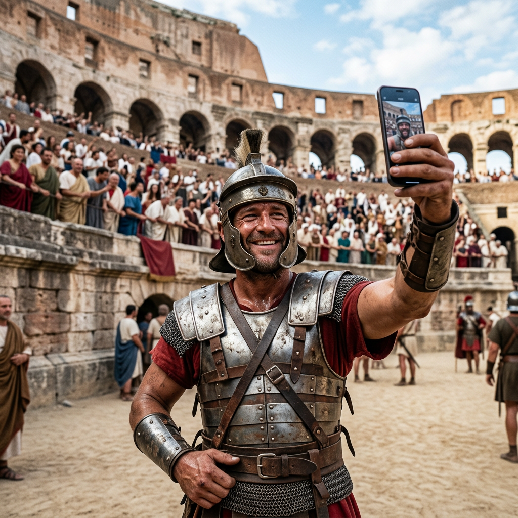 A Roman gladiator taking a selfie with a smartphone in the C