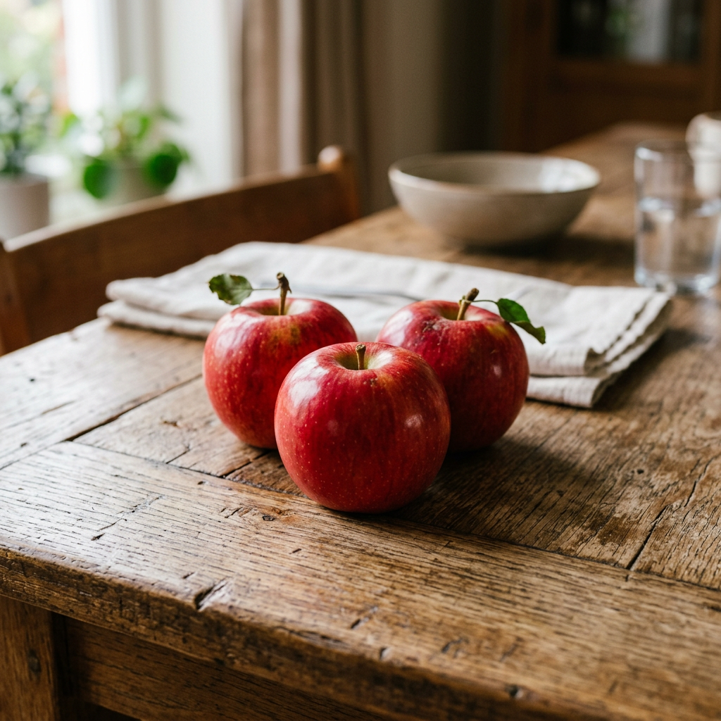 Exactly 3 red apples arranged on a wooden table