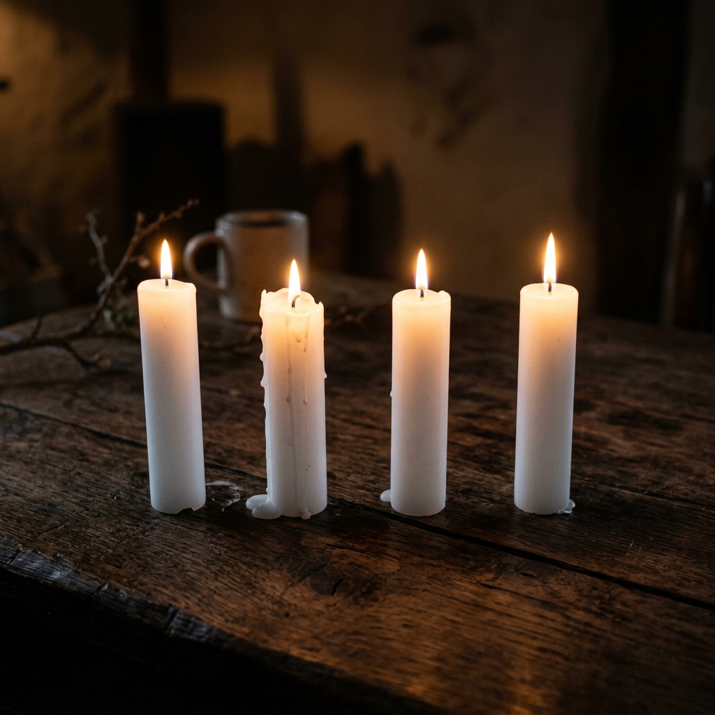 Exactly 4 white candles standing on a dark surface