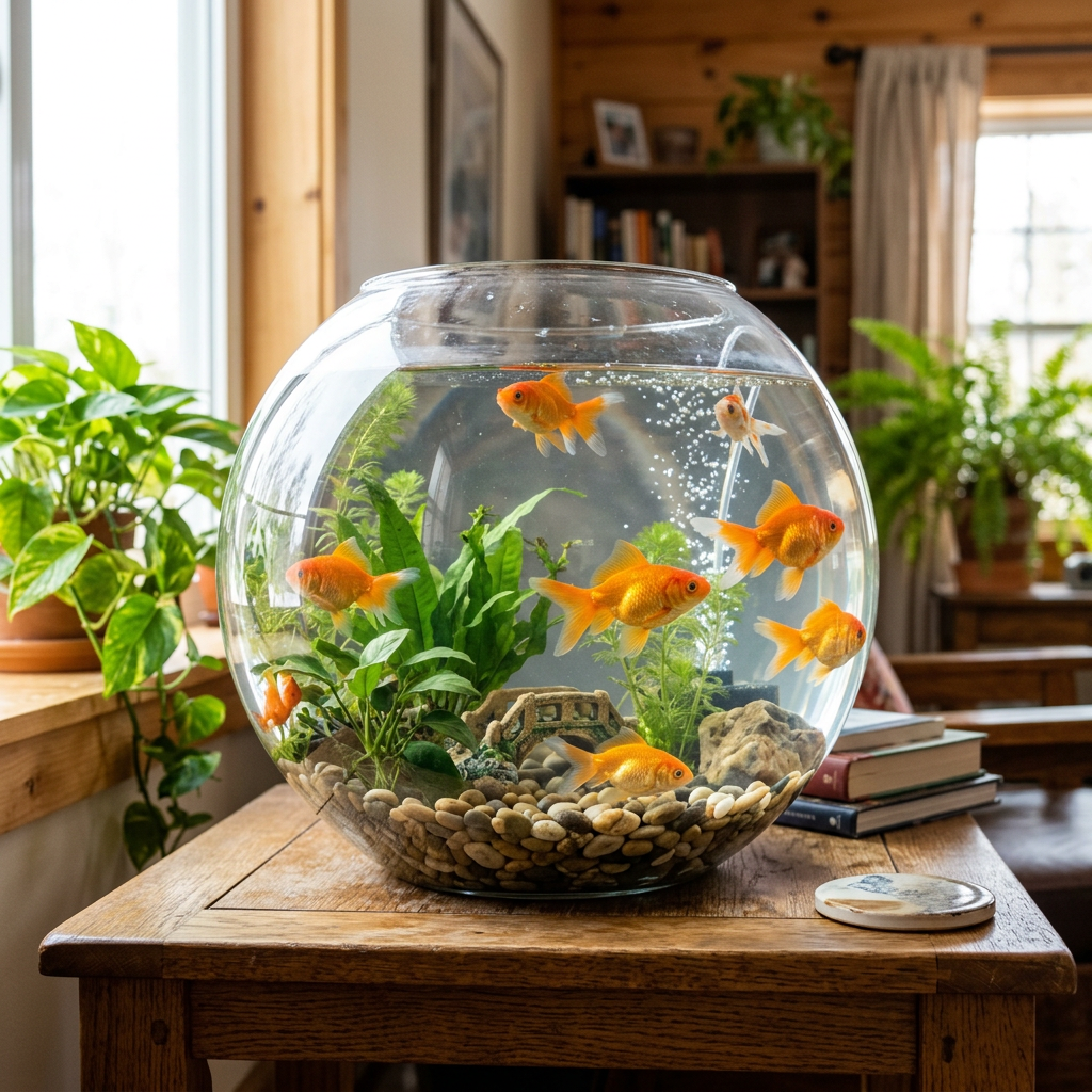 Exactly 9 goldfish swimming in a large round fishbowl