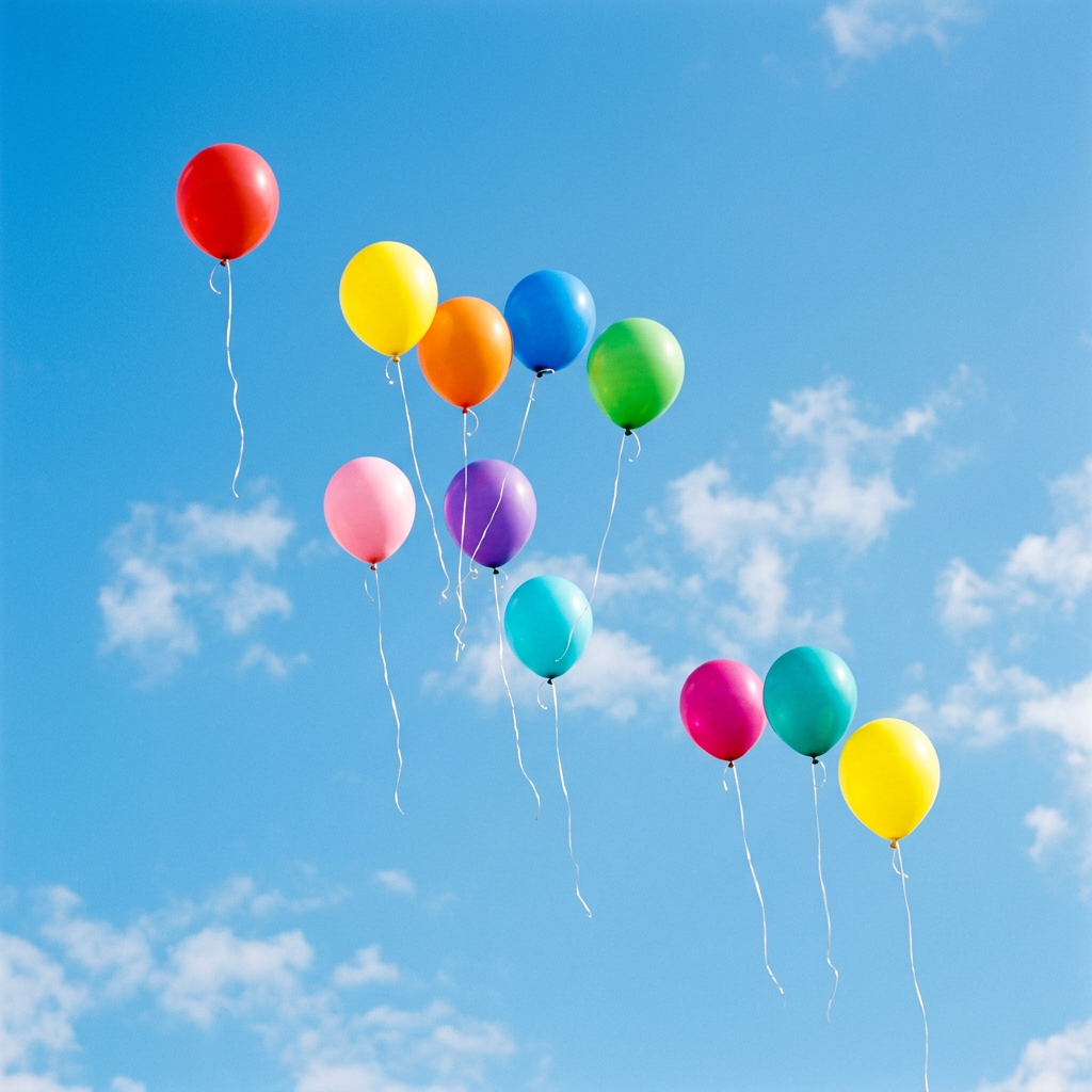 Exactly 11 colorful balloons floating against a clear blue s
