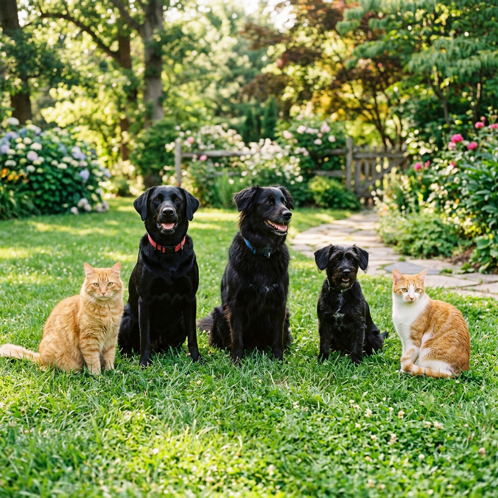 2 orange cats and 3 black dogs sitting together on a grassy 