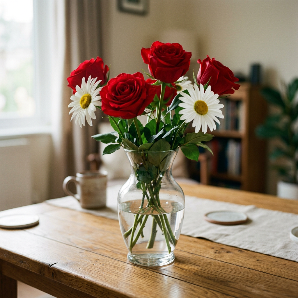 4 red roses and 2 white daisies in a glass vase on a table